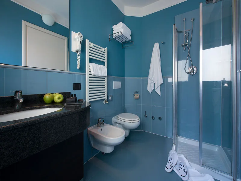Bagno con pareti azzurre, doccia, bidet, WC e scaldasalviette